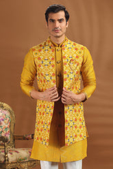 Yellow Silk Patola Printed Jacket Kurta Set